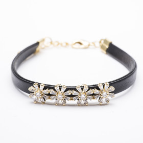 Clear CZ Bracelet in Brass with Black PU Leather in Gold Plating