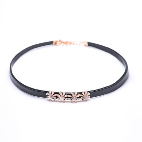 Clear CZ Choker in Brass with Black PU Leather in Rose Gold Plating