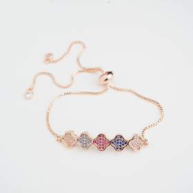 Adjustable Multi Colour Clover CZ Bracelet with Brass in Rose Gold Plating