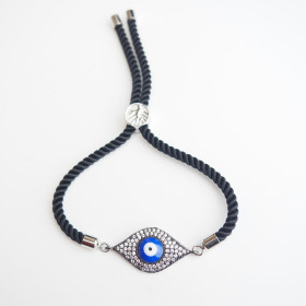 Adjustable Evil Eye CZ Bracelet with Black Rope in Gunmetal