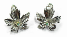 Silver Tone Crystal Maple Leaf Earrings