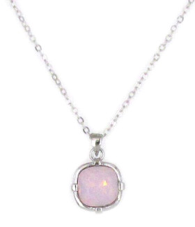 Square Birthstone Rose Water Opal Necklace in Rhodium Plating
