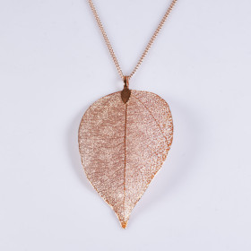 Orange Natural Leaf Long Necklace with 35" Chain in Rose Gold Plating
