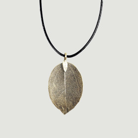 Natural Leaf Short Necklace with Black Cord in Anti-Brass Plating