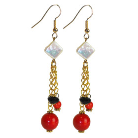 Coral and Mother of Pearl Dangling Gold Plated Earrings