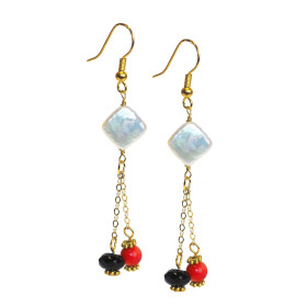 Coral and Mother of Pearl Dangling Gold Plated Earrings
