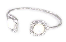 Square Birthstone White Opal Crystal Cuff in Rhodium