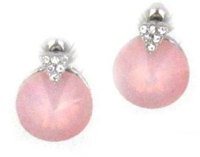 Round Birthstone Rose Water Opal Crystal Earring in Rhodium