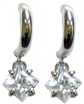 Clear Square CZ Earring on small hoop  Brass in Rhodium Plating