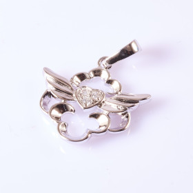 Angel Wings in Heart Clear CZ Pendant with Rhodium Brass Backing